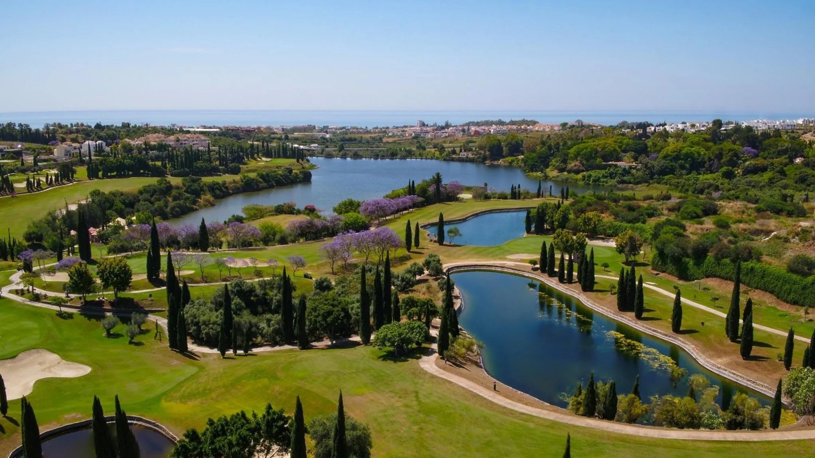 Calle con palmeras y vistas al mar en Flamingos Golf, Villa Padierna, Benahavís, Málaga